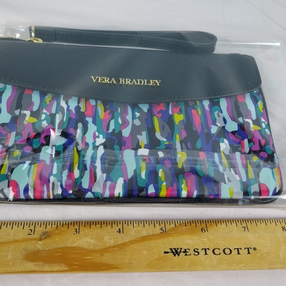 Vera Bradley Black Watercolor Brush Stroke Envelope Wristlet Wallet Clutch Zip - Picture 11 of 13